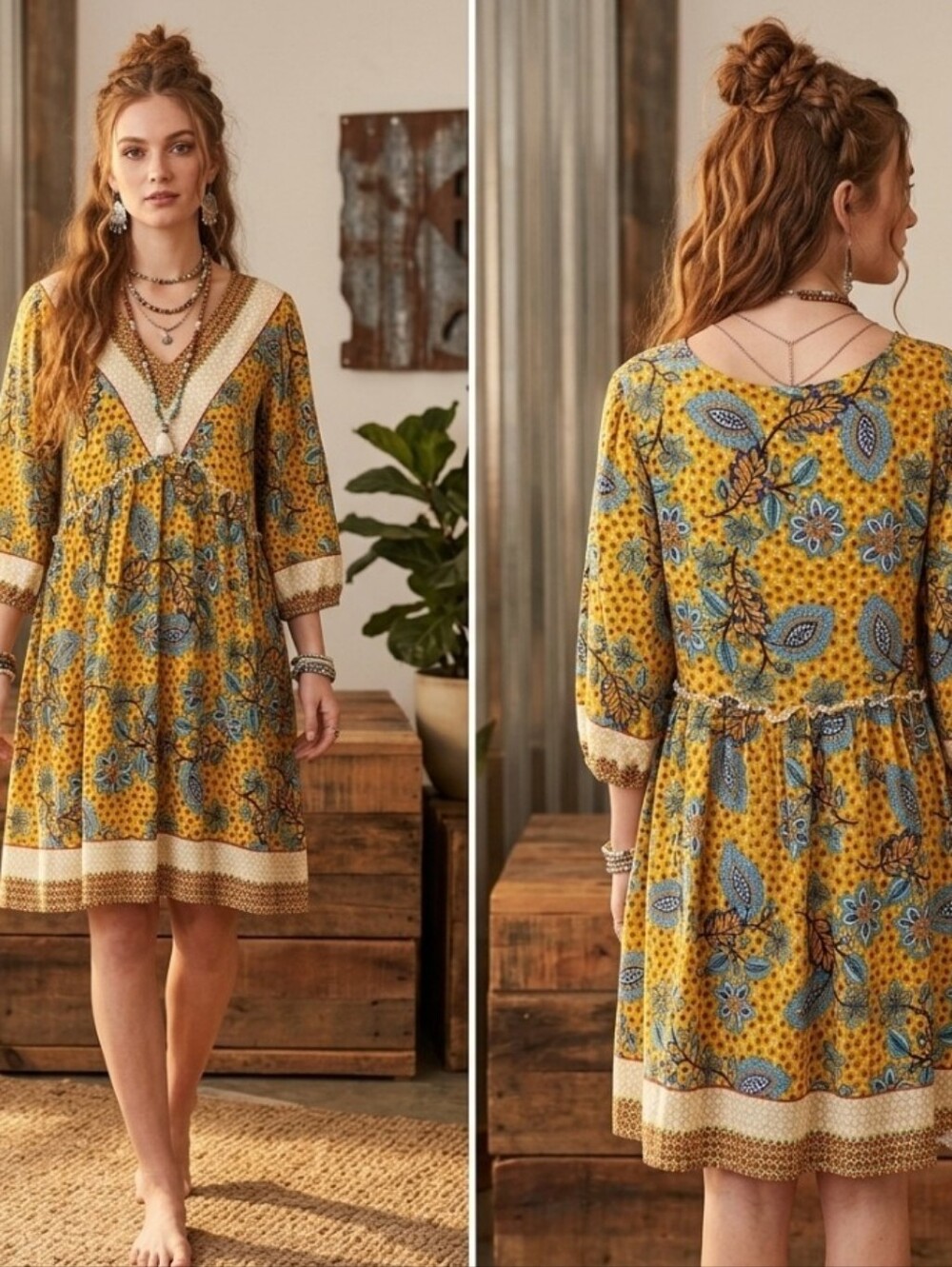 Boho Dress L Yellow Floral Paisley Puffy Sleeves BTFBM
